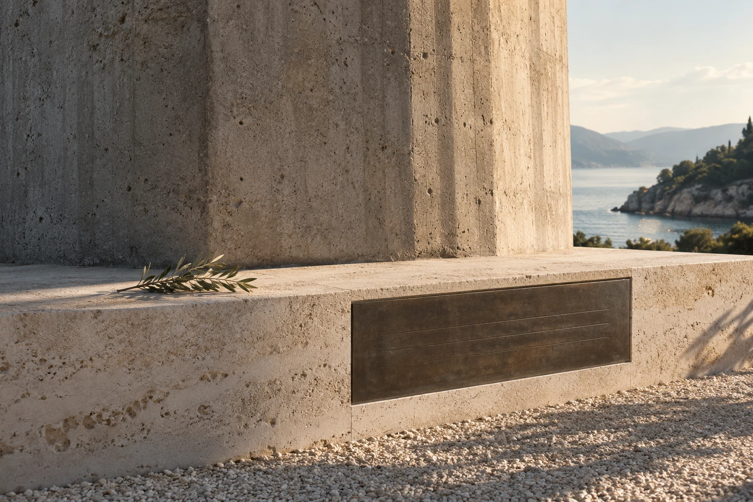 Architectural concept of a discreet bronze memorial at the foot of a concrete pillar