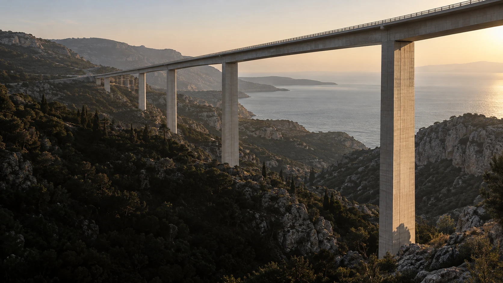An imagined monumental viaduct rising above a Mediterranean limestone valley